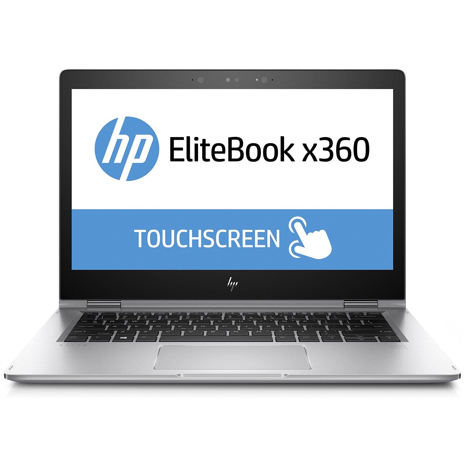 Vue avant de l'HP Elitebook X360 1030 G2 ouvert à 90 degrés, montrant son écran Full HD de 13.3 pouces et son clavier chiclet