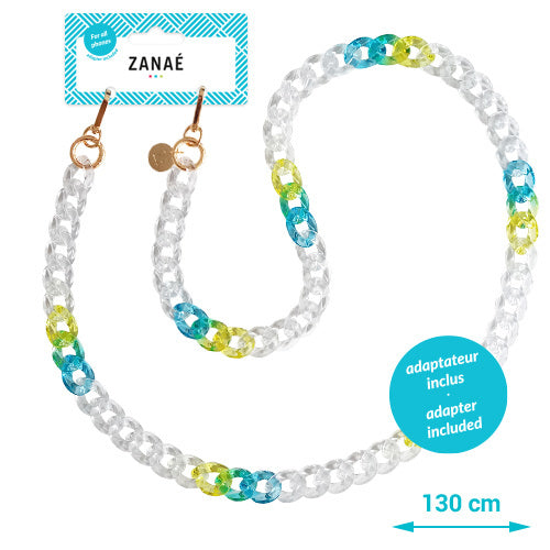 Chaînes-bijoux ZANAÉ – Collection BUBBLEGUM : accessoires colorés en perles acryliques et acier doré, disponibles en version longue.