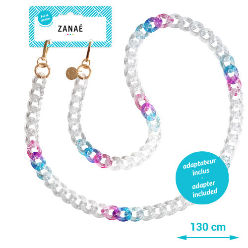 Chaînes-bijoux ZANAÉ – Collection BUBBLEGUM : accessoires colorés en perles acryliques et acier doré, disponibles en version longue.