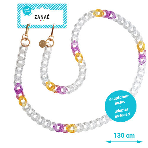 Chaînes-bijoux ZANAÉ – Collection BUBBLEGUM : accessoires colorés en perles acryliques et acier doré, disponibles en version longue.