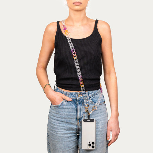 Chaînes-bijoux ZANAÉ – Collection BUBBLEGUM : accessoires colorés en perles acryliques et acier doré, disponibles en version longue.