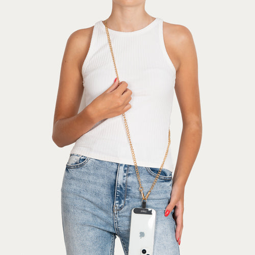 Chaînes-bijoux– Collection Gold & Chain : chaînes en cuir tressé et métal doré pour téléphone, élégantes et résistantes.