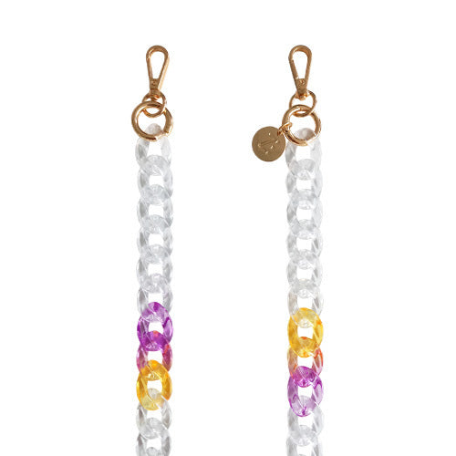 Chaînes-bijoux ZANAÉ – Collection BUBBLEGUM : accessoires colorés en perles acryliques et acier doré, disponibles en version courte ou longue.