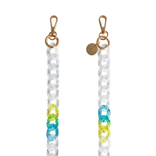 Chaînes-bijoux – Collection BUBBLEGUM : accessoires colorés en perles acryliques et acier doré, disponibles en version longue.