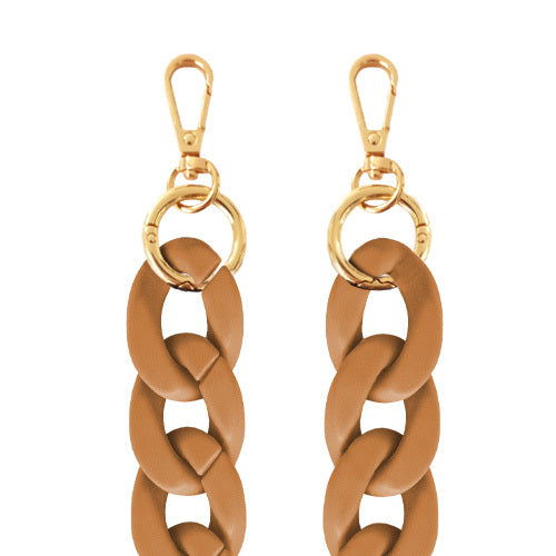 Chaînes-bijoux – Collection Fall & Mate : chaînes mates en acrylique et acier doré, disponibles en plusieurs couleurs automnales et longueurs.