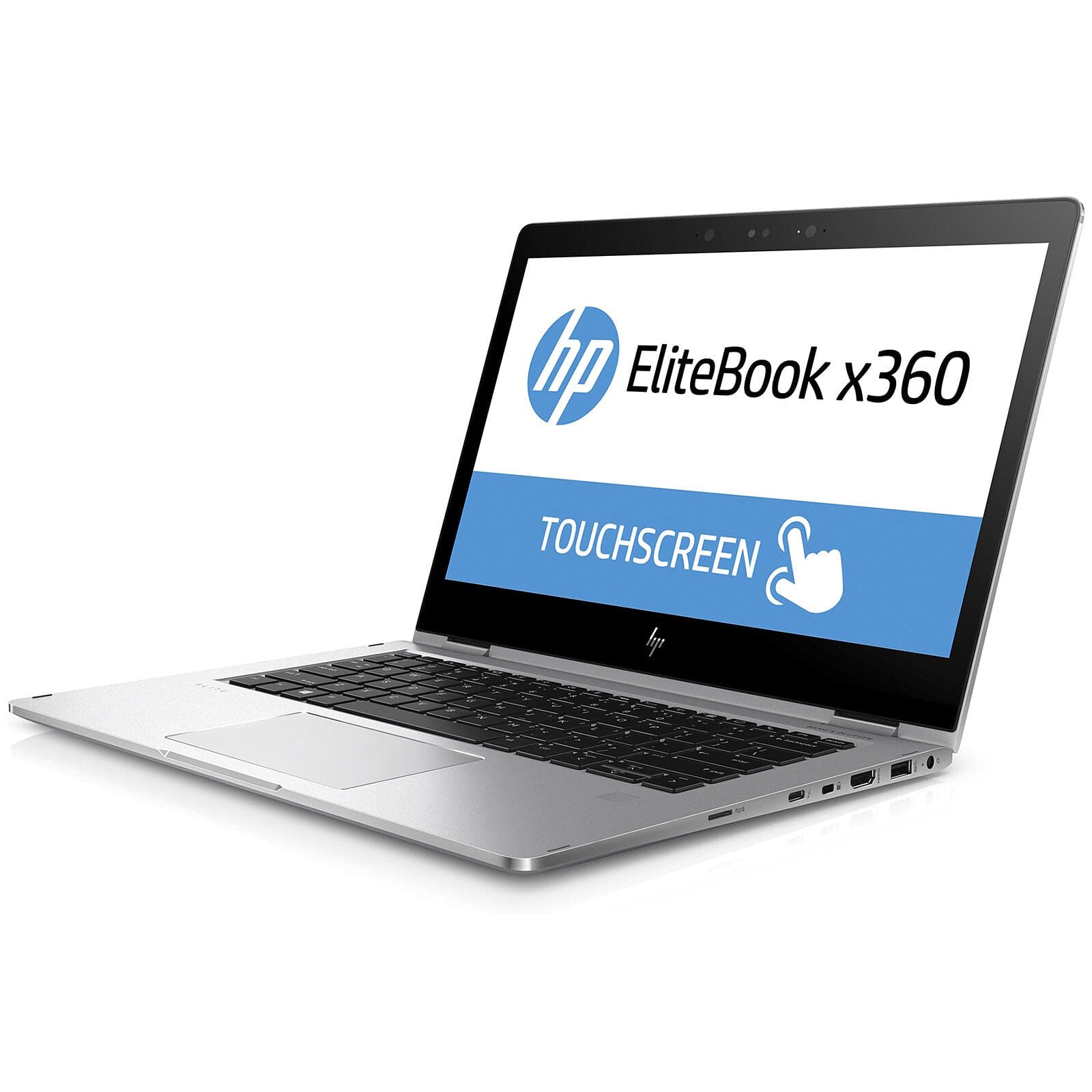 Image latérale de l'HP Elitebook X360 1030 G2 montrant ses multiples ports de connectivité, incluant USB et HDMI, sur un fond neutre